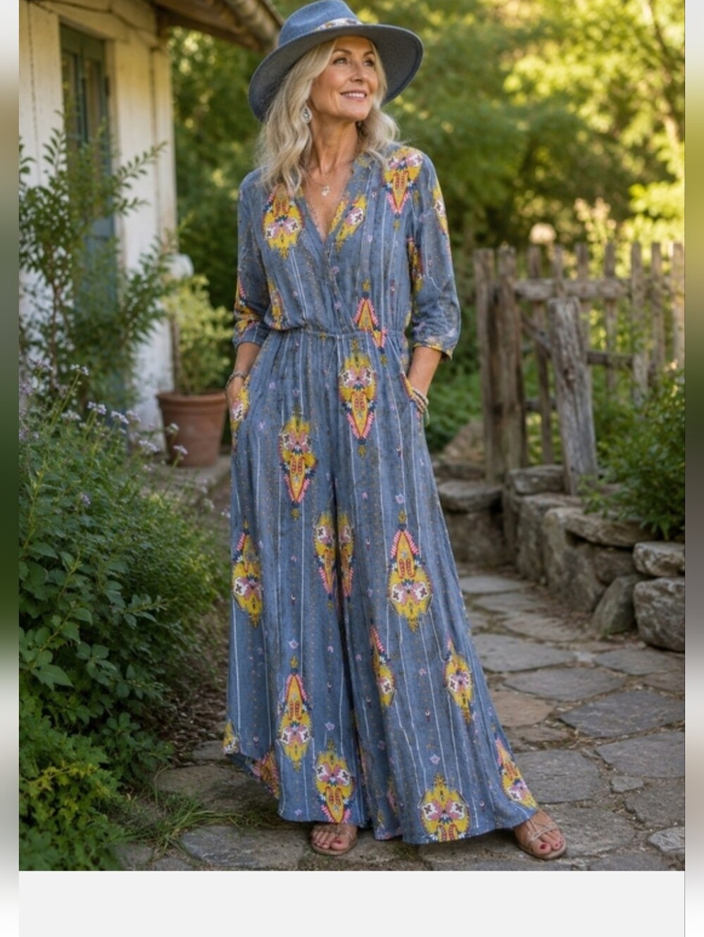 Dusty Blue Floral-Print V-Neck Wide Leg Jumpsuit